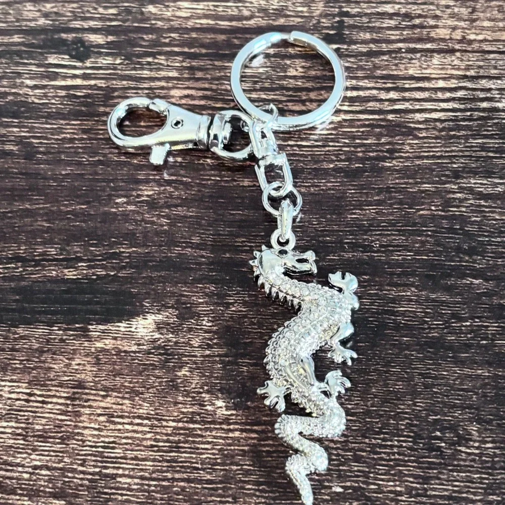 Silver Tone Dragon Keychain Rhinestone Crystal Bag Charm Lobster Clasp Accessory